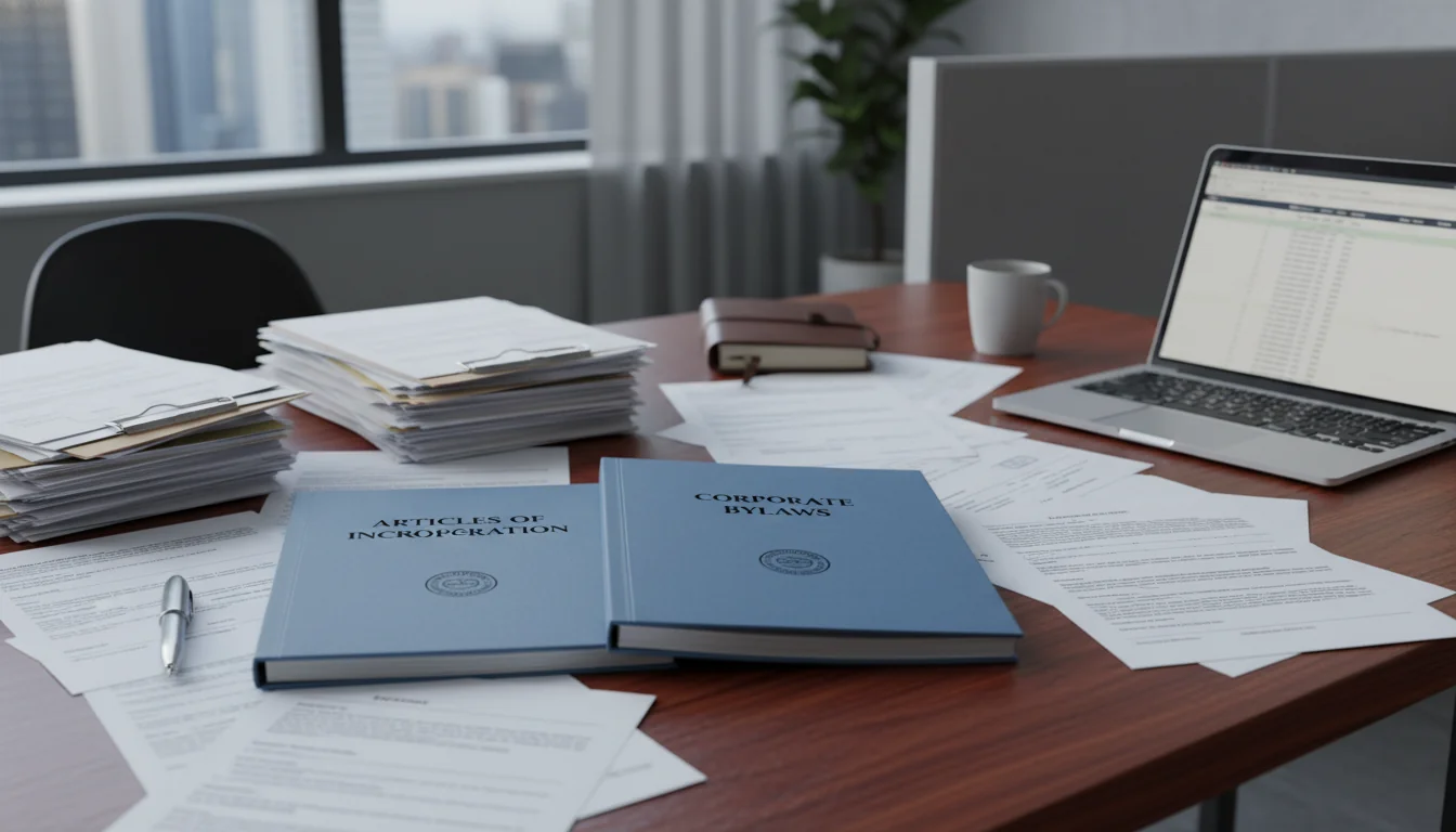 Corporate filing documents on desk.