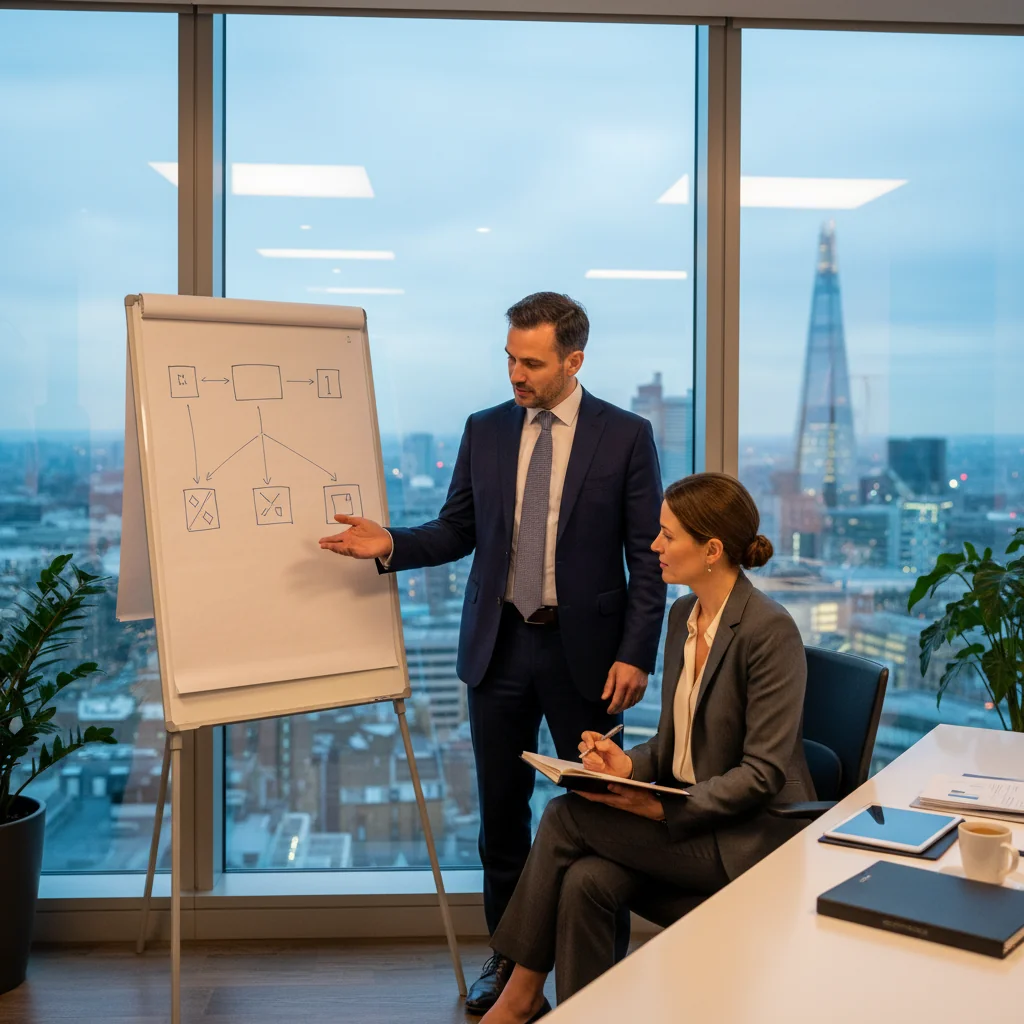 A photorealistic image of two professional businesspeople in a modern UK office setting, one presenting a corporate structure chart on a whiteboard while the other takes notes, symbolizing the foundational governance and internal rules of a company under UK law, with no documents or text visible.