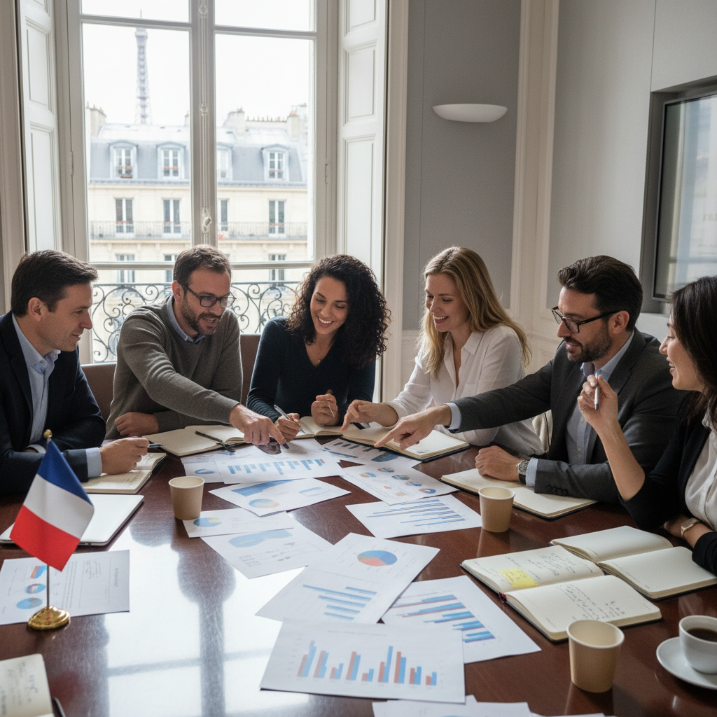 A photorealistic image of a diverse group of adults in a professional meeting room, collaboratively discussing and planning the formation of a non-profit association in France, with subtle French cultural elements like a map of France or the Eiffel Tower in the background, conveying organization and community purpose.