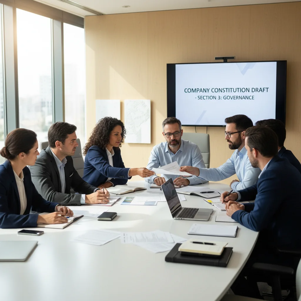 A photorealistic image of a professional business meeting where adults are discussing and signing a company formation agreement, symbolizing the practical steps for drafting a constitution document, with a modern office setting, diverse group of adults in business attire, focused and collaborative atmosphere.