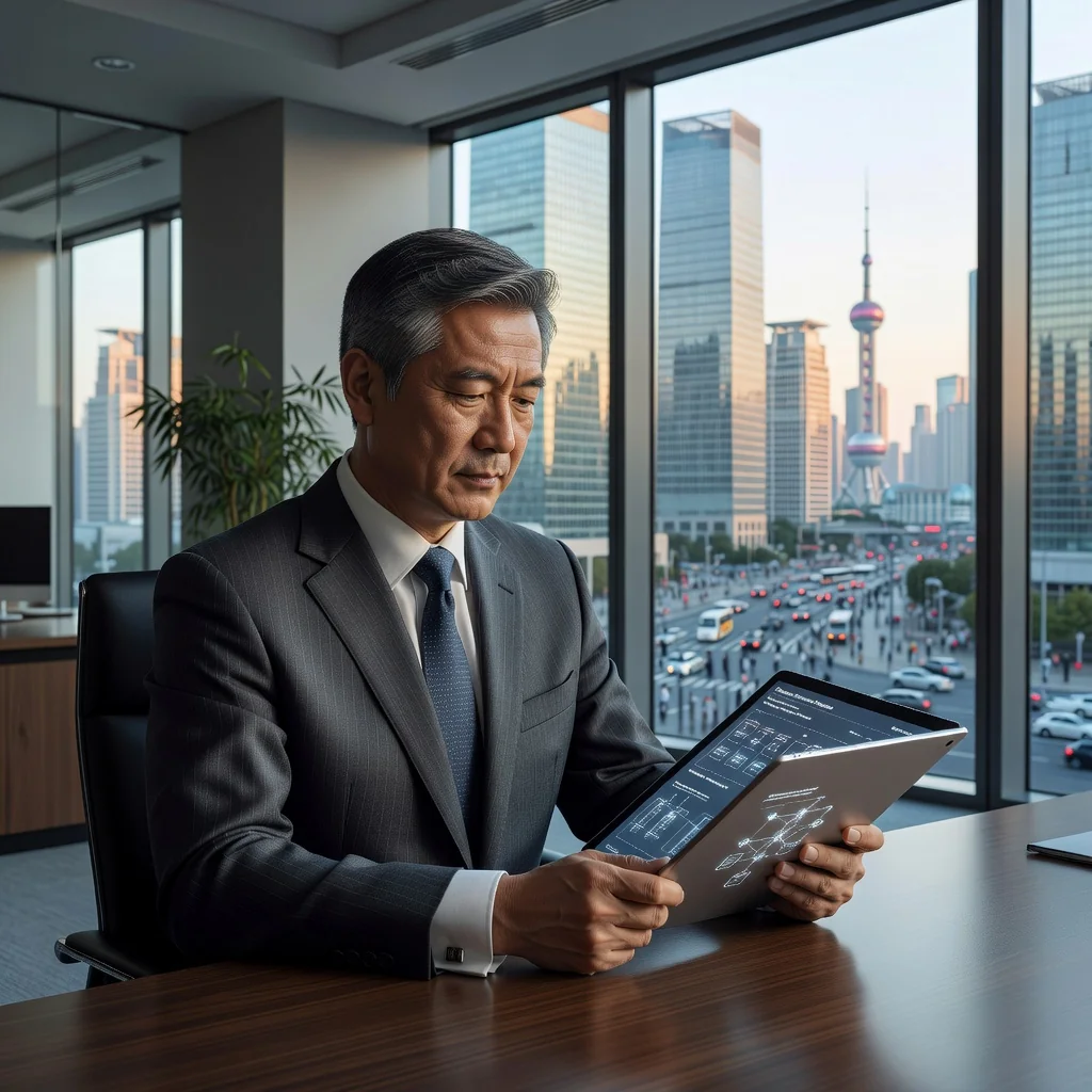 A photorealistic image of a professional Chinese business executive in a modern office setting, reviewing company articles of association on a tablet, symbolizing the preparation and importance of corporate governance documents for Chinese companies. The scene conveys professionalism, strategy, and business growth, with subtle Chinese cultural elements like a city skyline view from the window.
