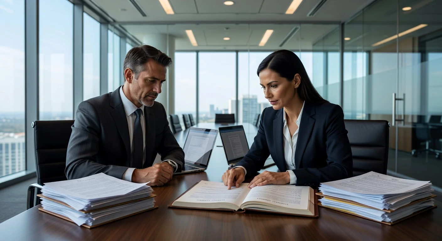 Business professionals drafting company charter.