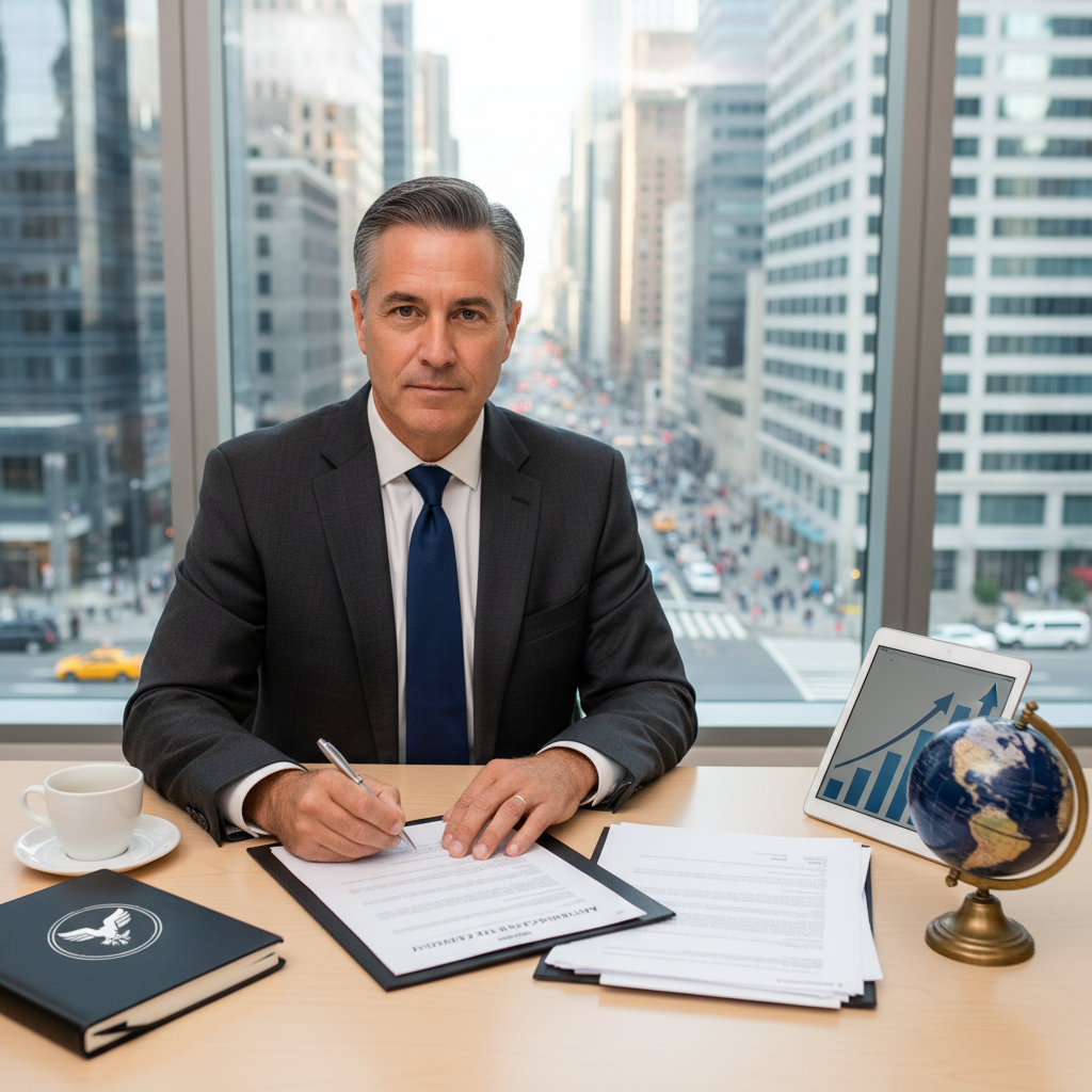 A photorealistic image of a professional businessperson in a modern office environment, signing important documents on a desk with a laptop and city skyline in the background, symbolizing the establishment and legal foundation of a new company. The scene conveys confidence, growth, and corporate inception without focusing on the document details.