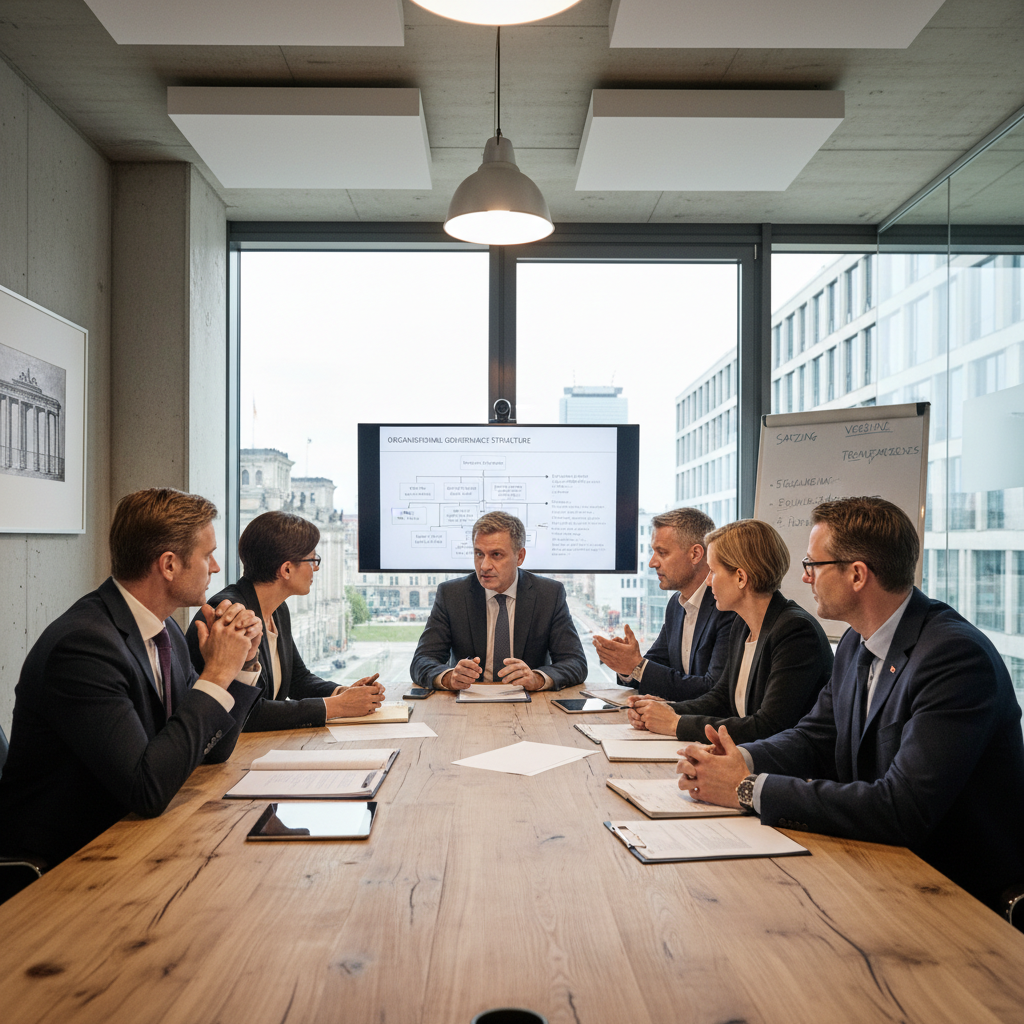 A photorealistic image of a professional meeting in a modern German office, where adults are discussing and reviewing important organizational documents around a conference table, symbolizing the governance and regulations outlined in statutes in Germany. The scene conveys formality, collaboration, and legal structure without showing any actual documents.