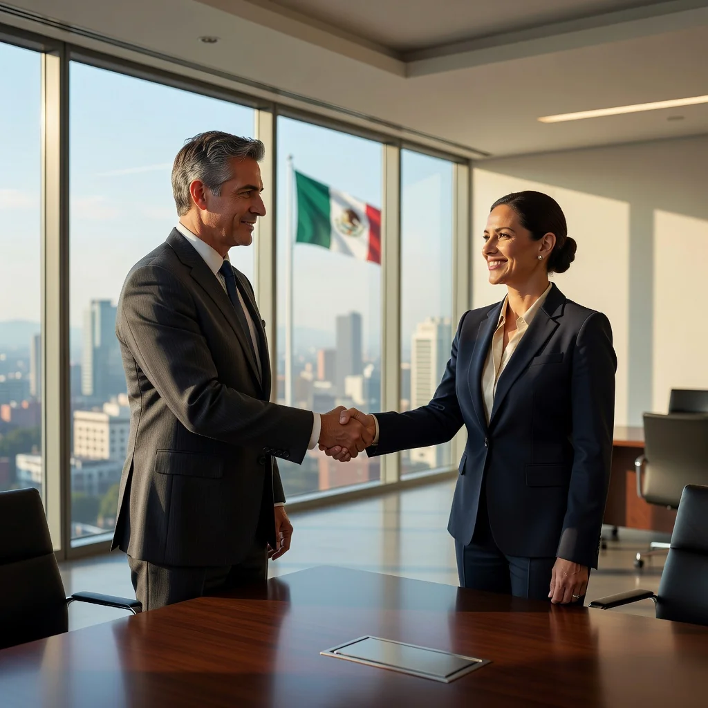 A photorealistic image of two professional adults shaking hands in a modern Mexican office, symbolizing the formation of a business partnership, with subtle Mexican cultural elements like a flag or cityscape in the background, conveying trust and collaboration for starting a company.