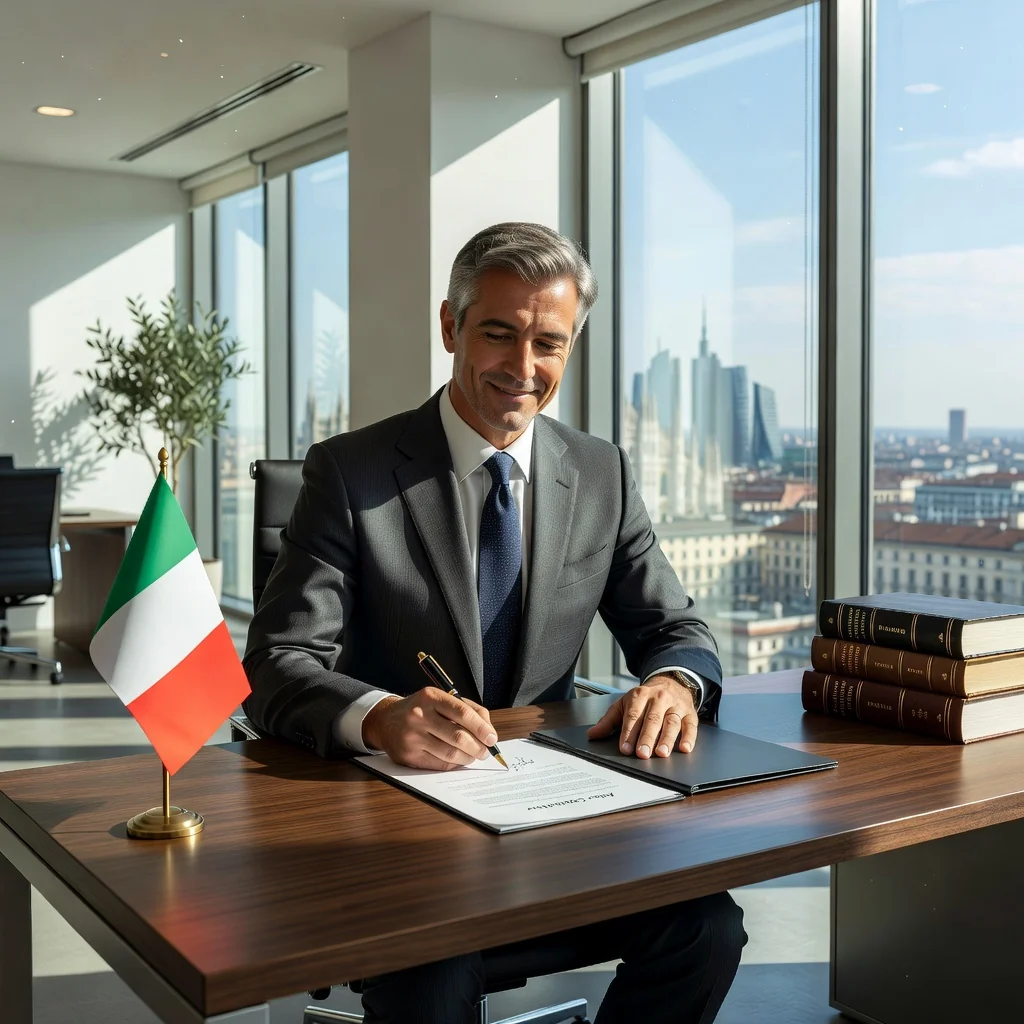 A photorealistic image of a professional adult entrepreneur in a modern Italian office, confidently signing the founding documents of a new company on a sleek desk, with subtle Italian flag elements in the background, symbolizing the establishment of a business in Italy. No children present.