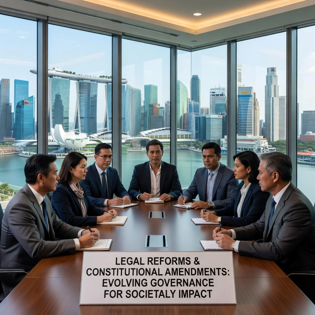 A photorealistic image symbolizing the evolution and impact of constitutional amendments in Singapore, featuring a diverse group of adult Singaporean professionals in a modern conference room discussing changes, with subtle Singapore skyline in the background, representing progress and national development.