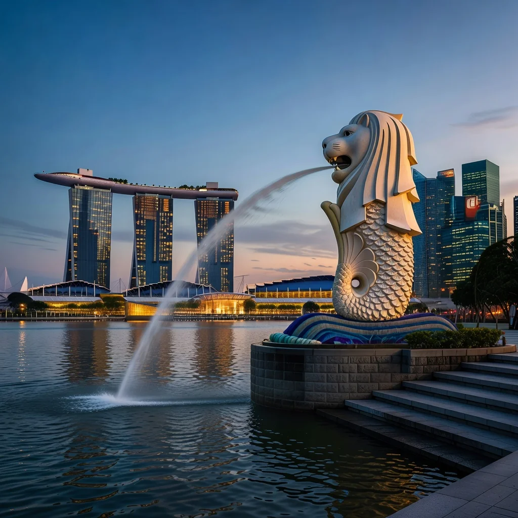 A photorealistic image symbolizing the principles and history of the Singapore Constitution, featuring the iconic Merlion statue overlooking Marina Bay Sands at dusk, with the modern Singapore skyline in the background, representing national identity, progress, and governance. No people or children are present.