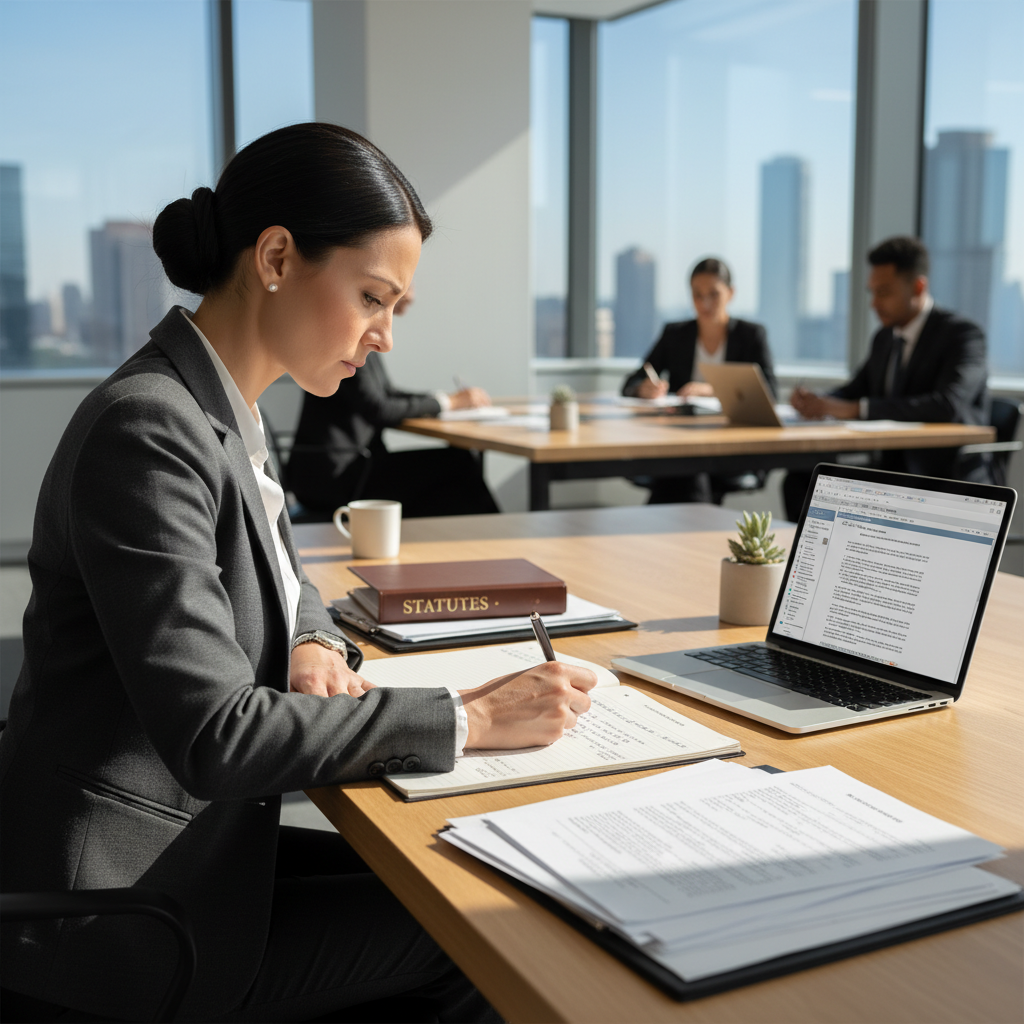 A photorealistic image of a professional adult woman in a modern office setting, confidently reviewing and organizing documents on her desk with a laptop open, symbolizing the creation and management of bylaws or statutes for an organization, no children present, natural lighting, high detail.