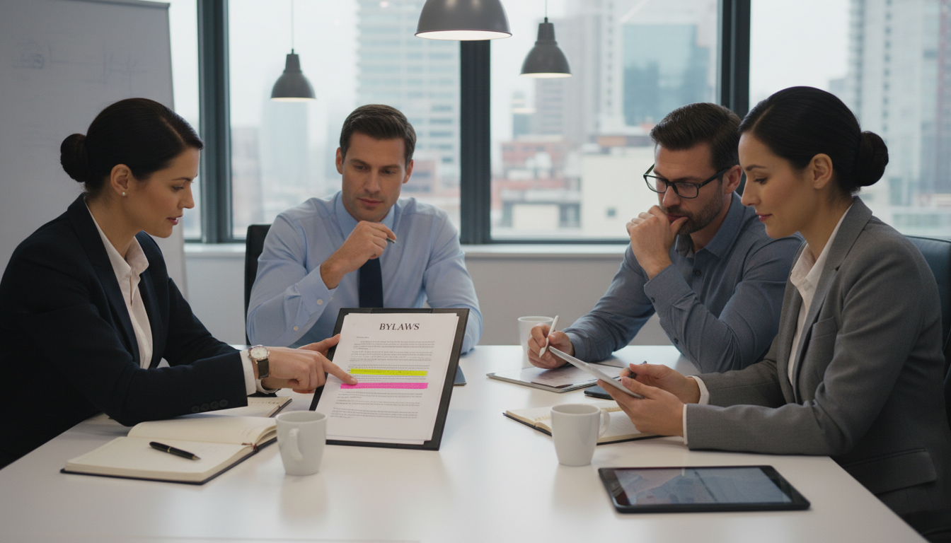 Group of adults discussing bylaws in meeting