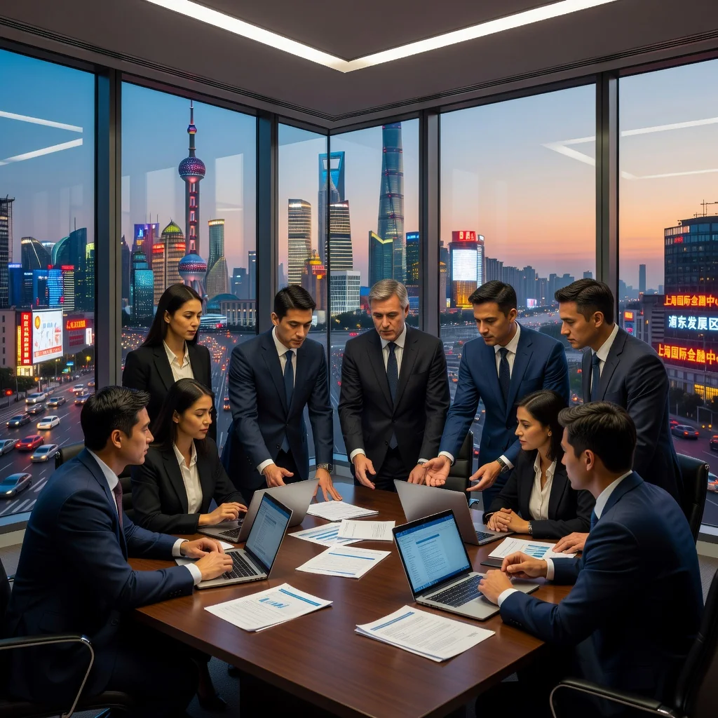 A professional scene representing corporate governance and legal updates in a modern Chinese business context, featuring diverse adult business professionals in a sleek conference room discussing company matters, with subtle Chinese corporate elements like a city skyline view of Shanghai in the background, symbolizing the 2023 revisions to company charter laws.
