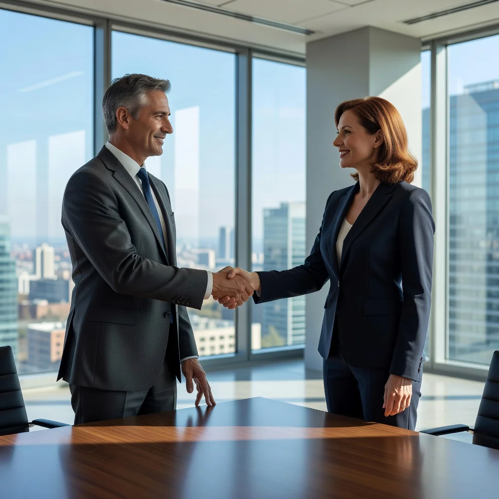 A photorealistic image of two professional adults shaking hands in a modern office setting, symbolizing the formation of a business partnership through a company constitution document. The focus is on collaboration and legal agreement without showing any documents.