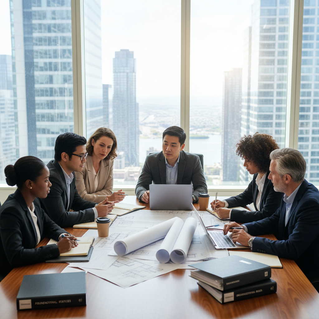 A photorealistic image symbolizing the establishment of rules and governance in a community setting, such as a diverse group of adults in a modern conference room discussing and agreeing on foundational principles, representing the purpose of bylaws or statutes in organizing group activities and decisions.