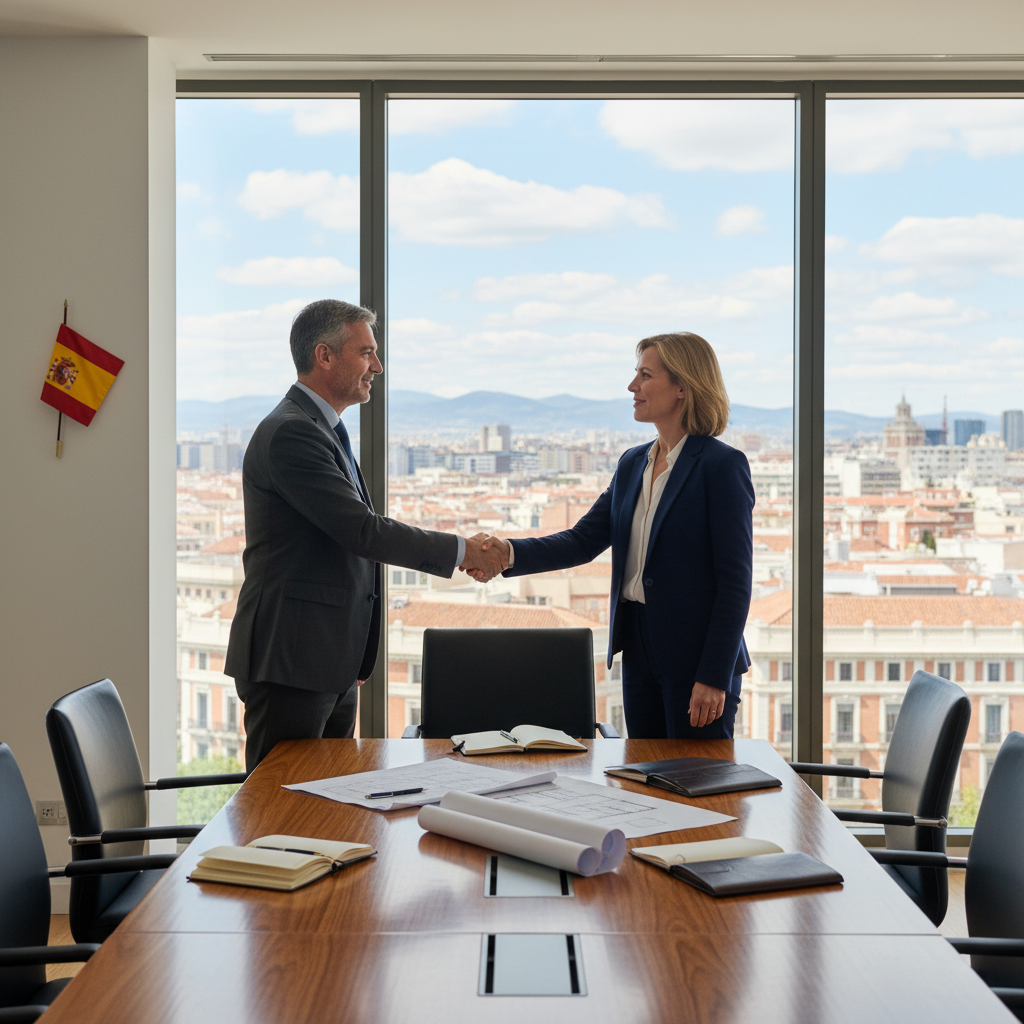 A photorealistic image of two professional adults in a modern Spanish office, shaking hands over a conference table with subtle Spanish flags or maps in the background, symbolizing the formation and partnership of a business society in Spain.