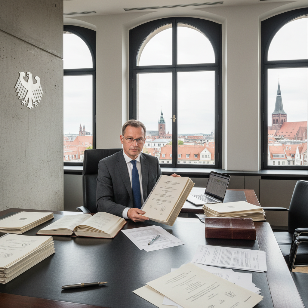 A professional office setting in Germany representing legal agreements and statutes, with an adult lawyer or business professional reviewing documents at a desk in a modern German office, symbolizing the purpose of Satzung legal documents which govern associations and organizations, photorealistic style.