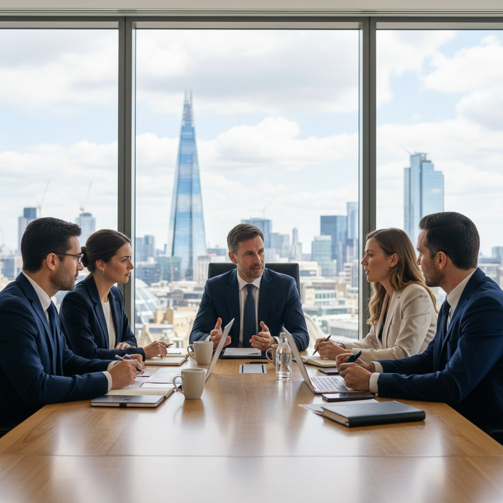 A photorealistic image depicting a professional business meeting in a modern UK office, where a diverse group of adult executives is discussing company governance and structure around a conference table, symbolizing the foundational role of Memorandum and Articles of Association in establishing a company's legal framework. The scene conveys trust, collaboration, and formality without showing any legal documents.