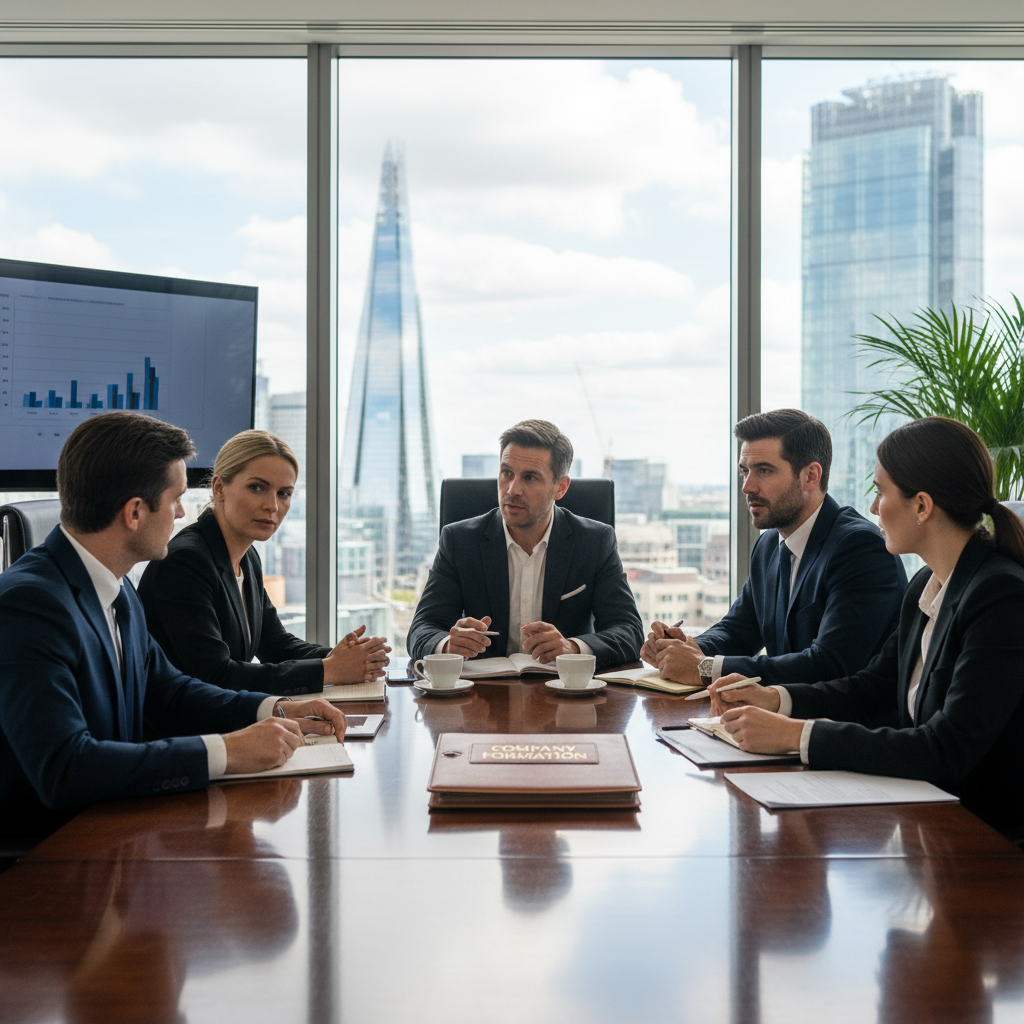 A photorealistic image of a professional business meeting in a modern UK office, with adults in suits discussing company formation documents around a conference table, symbolizing the establishment and governance of a business entity as per Memorandum and Articles of Association.