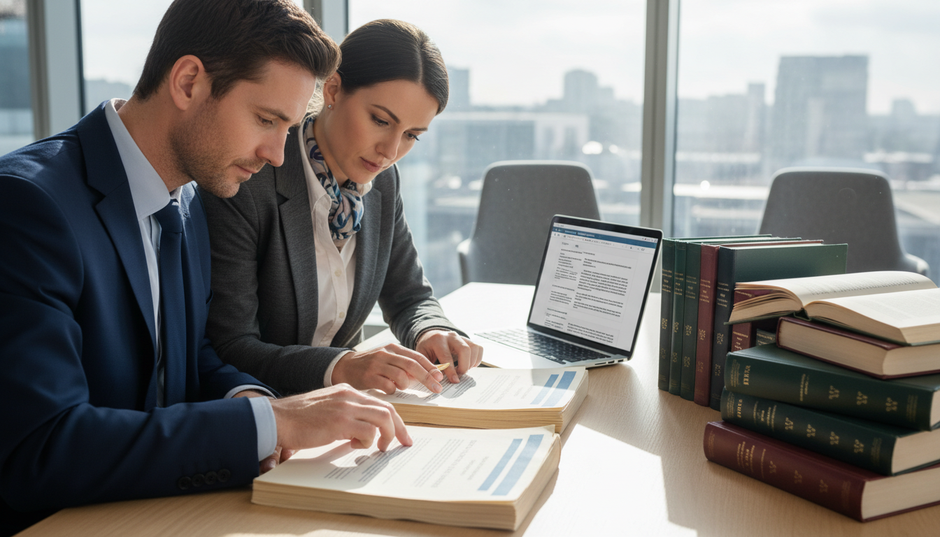 Business professionals reviewing legal documents