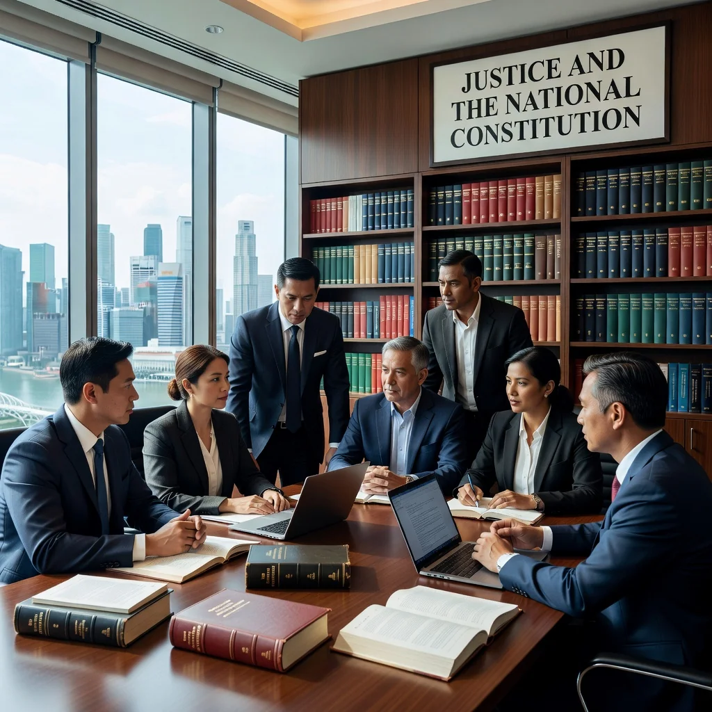 A photorealistic image of a diverse group of adults in a modern Singapore office setting, discussing constitutional legal matters with focused expressions, symbolizing the importance of legal documents in governance and rights protection, with subtle Singaporean elements like the skyline in the background. No children present.
