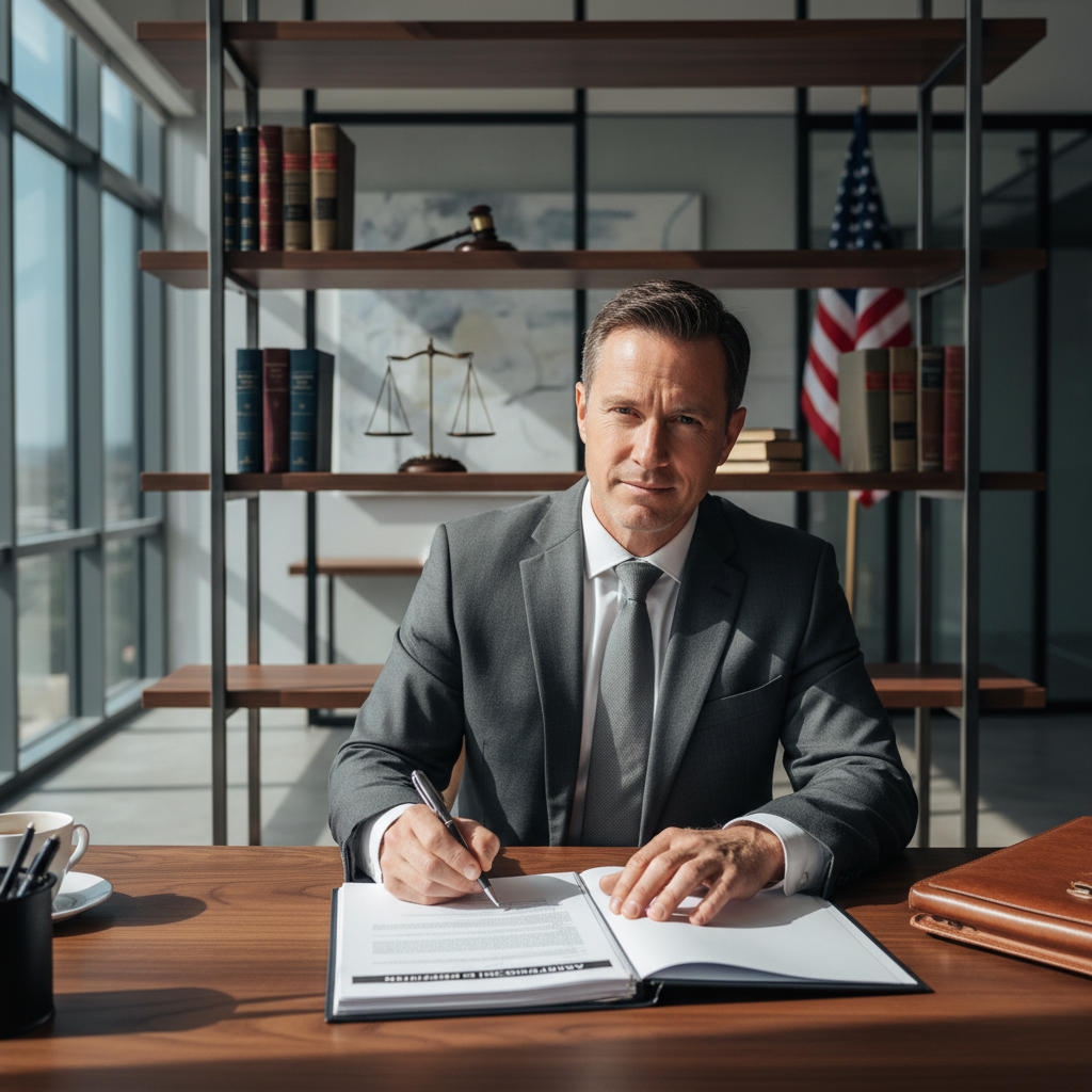 A photorealistic image of a professional businessperson in a modern office setting, signing an important document on a desk with a gavel and American flag in the background, symbolizing the formal establishment of a corporation in the United States. No children are present. The image is entirely photorealistic, not a graphic or drawing.