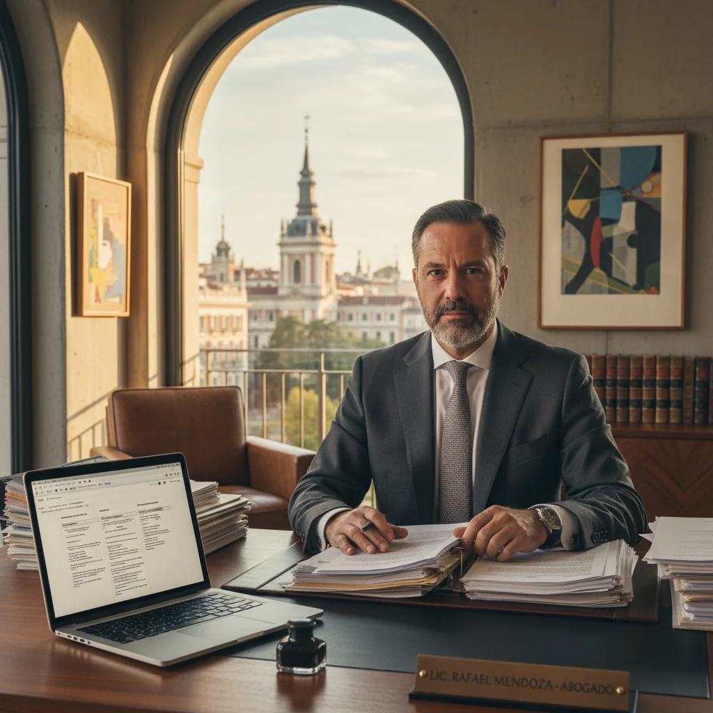 A photorealistic image of a professional Spanish lawyer in a modern office setting in Spain, thoughtfully reviewing legal documents on a desk with the Spanish flag subtly in the background, symbolizing the constitution of legal entities like companies, evoking trust and formality in business formation, no children present.