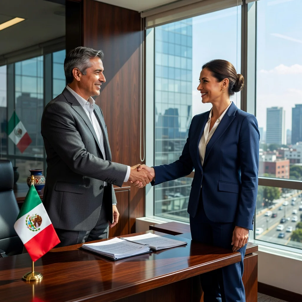 A photorealistic image representing the formation of a business partnership in Mexico, showing two professional adults shaking hands in a modern office setting with Mexican cultural elements like a flag or city skyline in the background, symbolizing the purpose of legal company constitution documents.