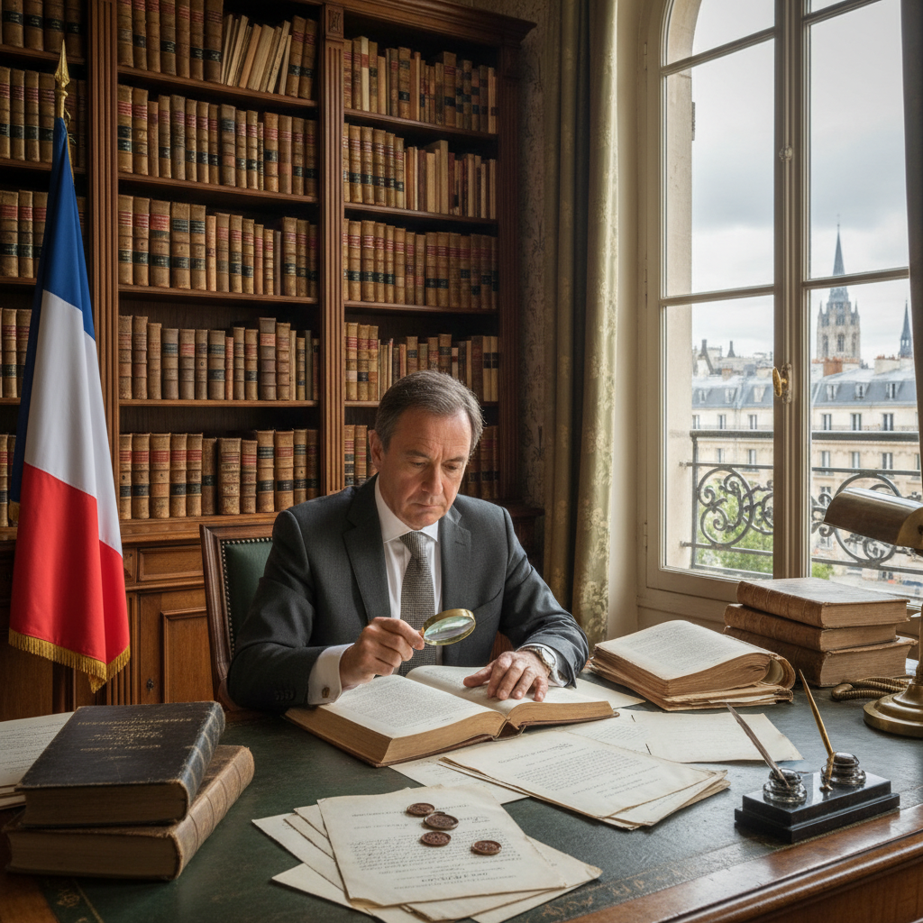 A photorealistic image of a professional adult French notary or lawyer in a modern office in France, reviewing statutes legal documents with a serious expression, surrounded by bookshelves filled with law books and French flags in the background, symbolizing the formal and authoritative nature of legal statutes in France.