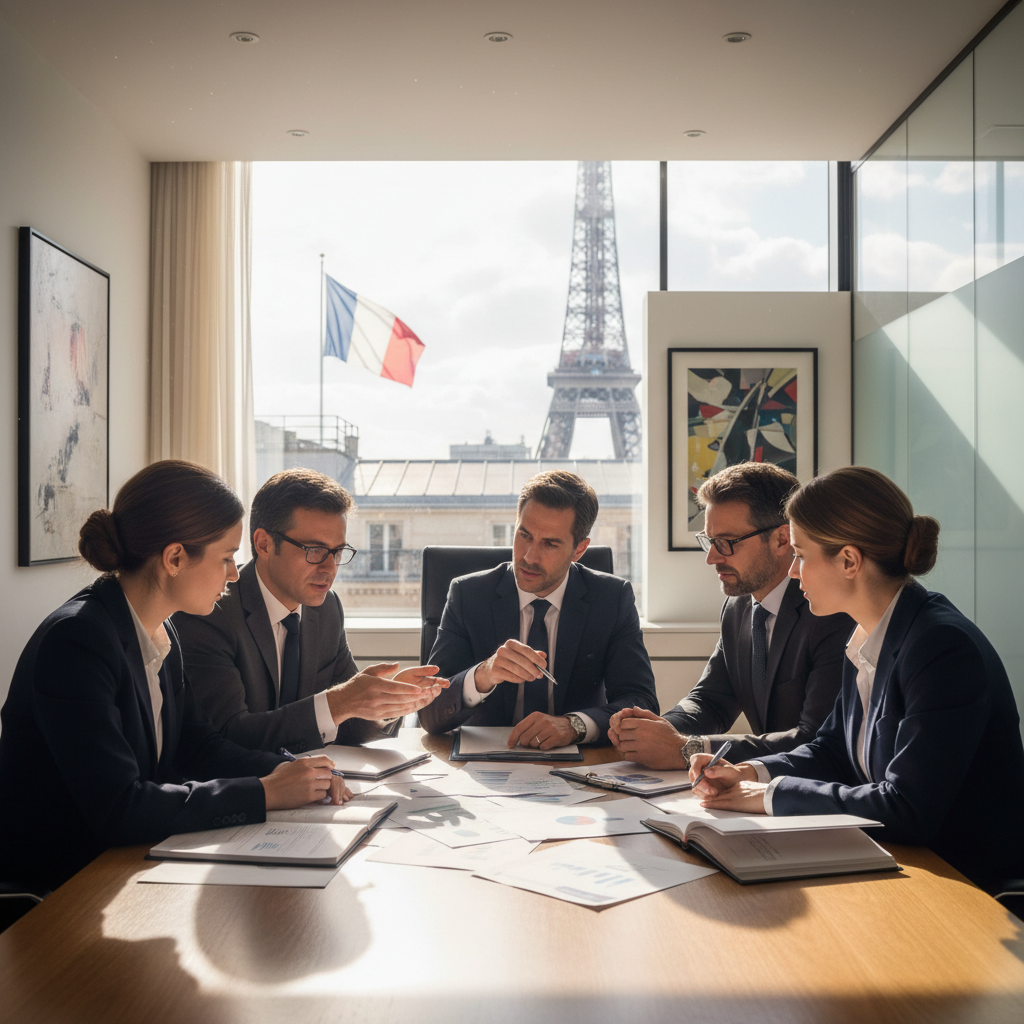 A photorealistic image of a professional French business meeting in a modern office, with adults discussing documents around a conference table, symbolizing the formal and official nature of legal statutes in France, no children present.