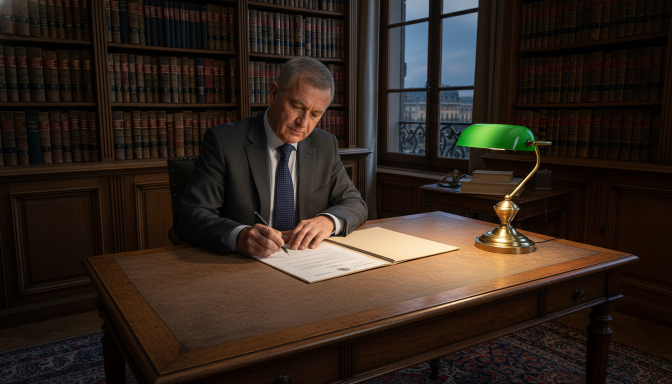 French notary signing legal document