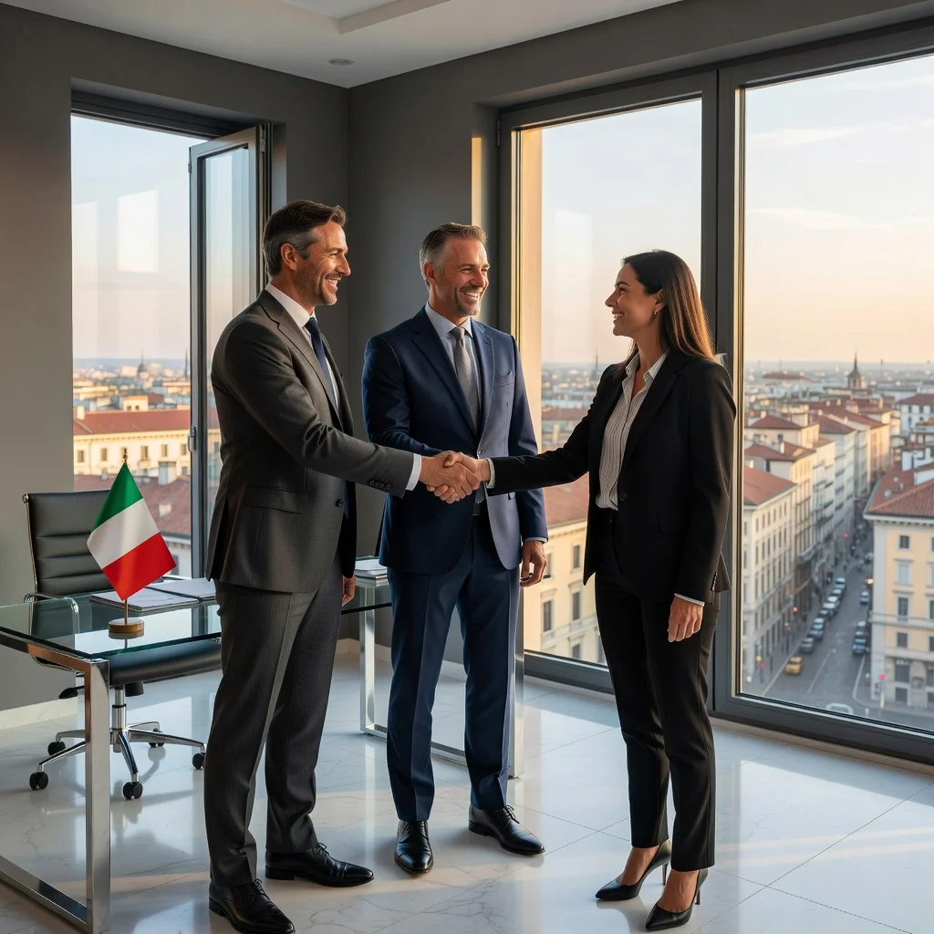 A photorealistic hero image for an article on 'A guide to Atto costitutivo legal documents in Italy', depicting the founding of a business in Italy without focusing on documents. Show a diverse group of professional adults in a modern Italian office setting, shaking hands over a meeting table with subtle Italian elements like a flag or map in the background, symbolizing the establishment of a company. The atmosphere is optimistic and collaborative, representing the purpose of incorporation documents.
