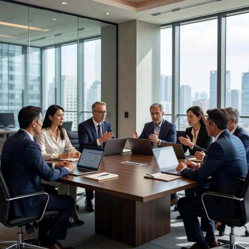 A photorealistic image of a professional business meeting in a modern Chinese corporate office, with adults discussing company strategies around a conference table, symbolizing the foundational governance and structure provided by company articles of association in China.