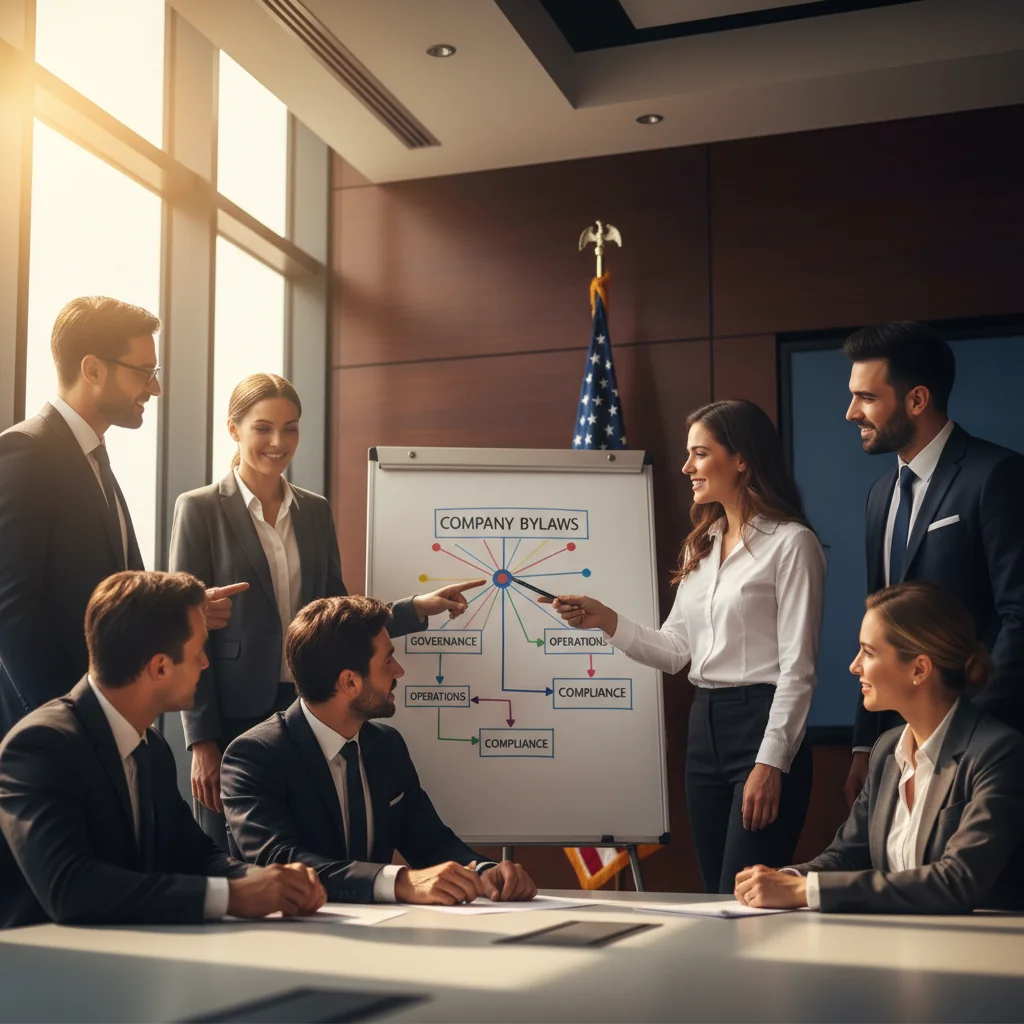 A professional business meeting in a modern office where a diverse team of executives discusses corporate strategy around a conference table, symbolizing governance and organization for a US business.