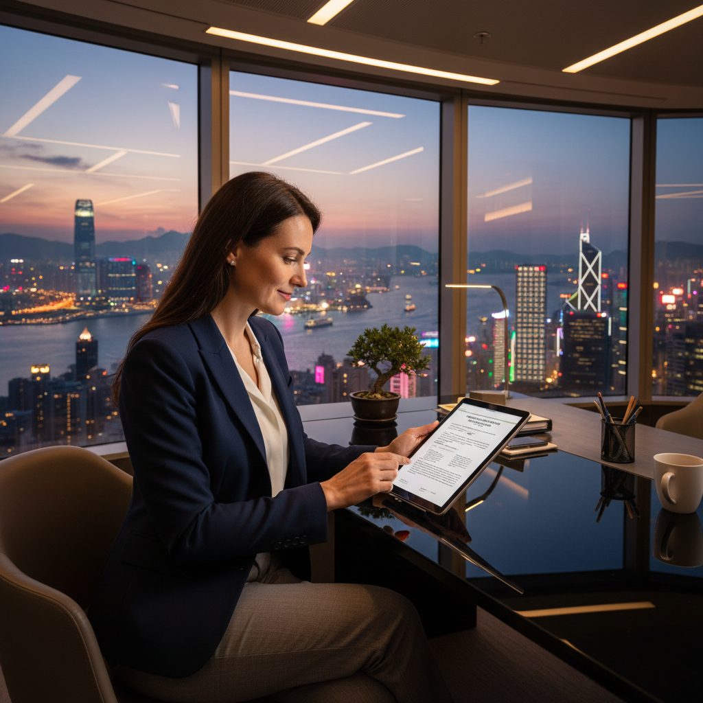 A photorealistic image of a professional businesswoman in a modern Hong Kong office, reviewing company documents on a tablet with the iconic Hong Kong skyline visible through large windows in the background, symbolizing corporate governance and business setup in Hong Kong.