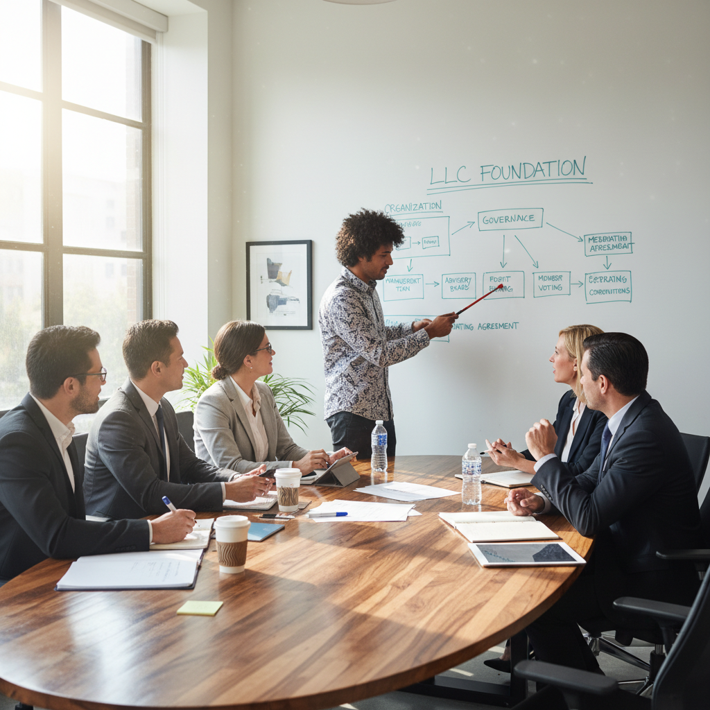 A photorealistic image of a professional business team in a modern office setting, collaboratively discussing and planning the structure of a limited liability company, symbolizing the creation of an effective social statute, with adults only, no children present.