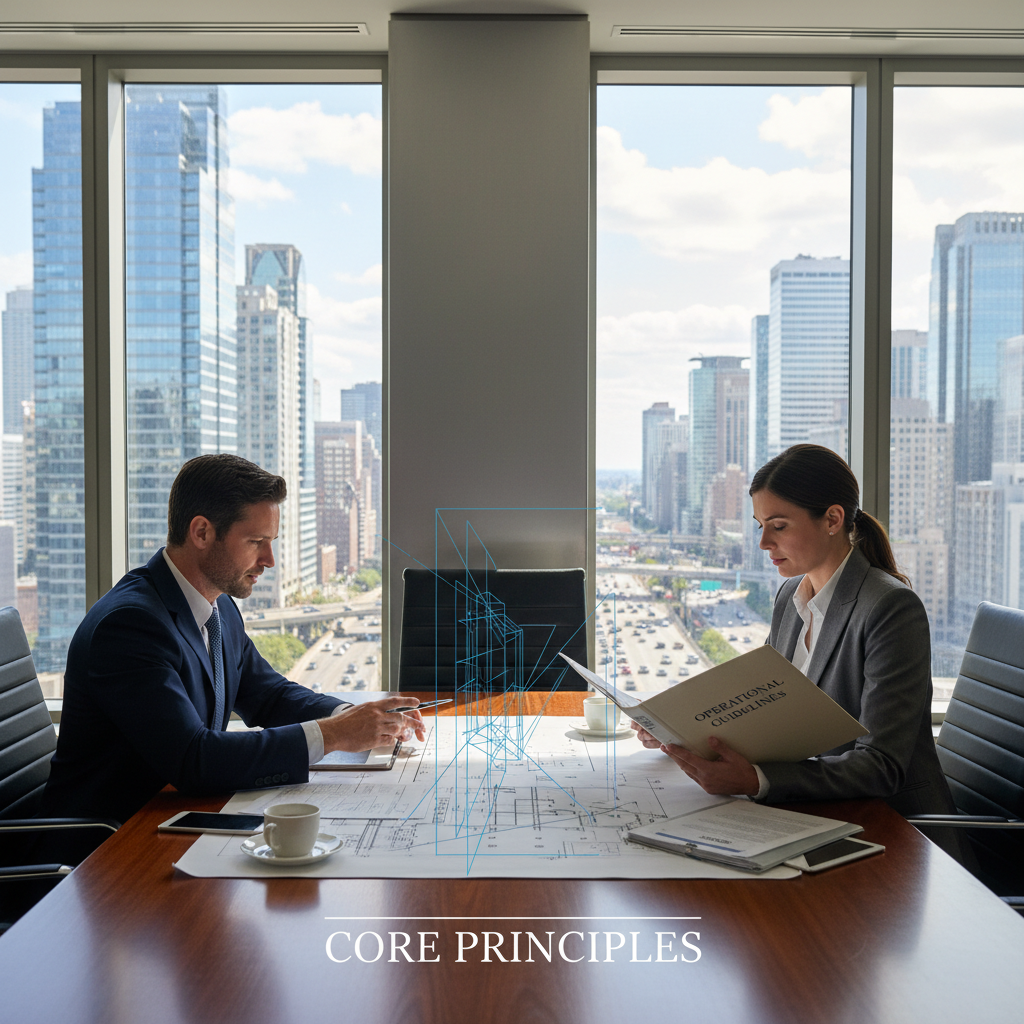 A photorealistic image of two professional businesspeople in a modern office setting, one holding a blueprint-like document symbolizing foundational structure, the other a detailed binder representing internal rules, discussing intently at a conference table with city skyline view, conveying the essence of corporate governance and legal frameworks without showing actual documents or any children.