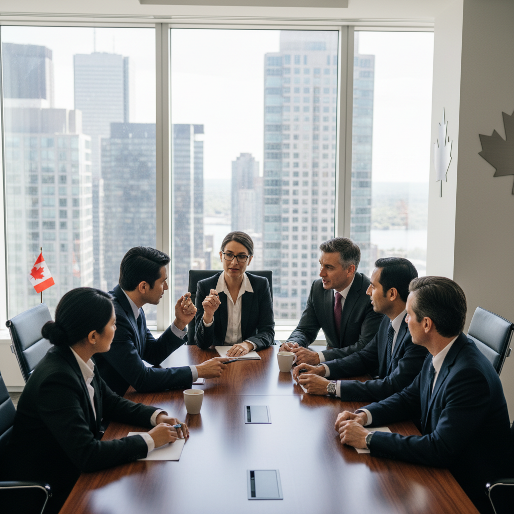 A photorealistic image of a diverse group of professional business executives in a modern Canadian corporate boardroom, engaged in a strategic meeting around a conference table, discussing company governance and structure, symbolizing the foundational elements of corporate bylaws and articles of incorporation, with elements like a Canadian flag subtly in the background, no legal documents visible, no children present.