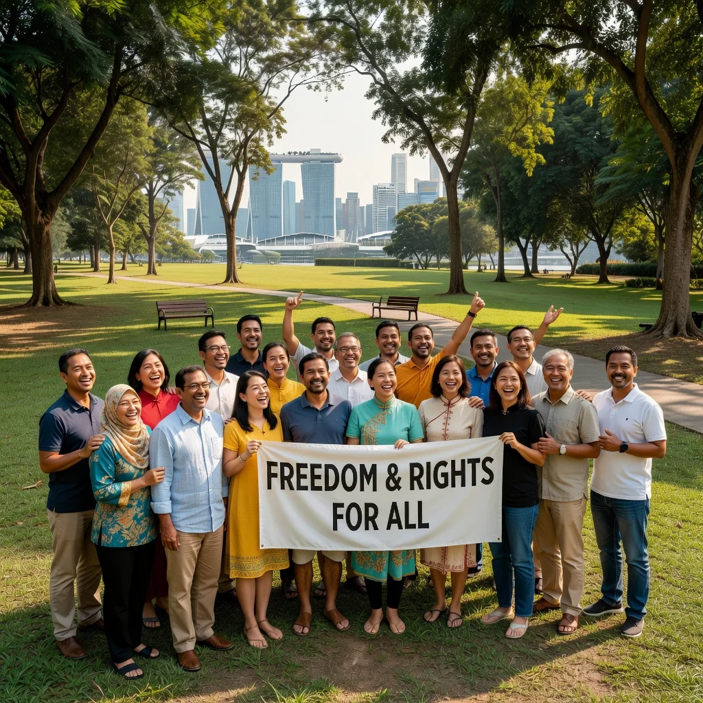 A photorealistic image symbolizing rights and freedoms under the Singapore Constitution, featuring diverse adults from various ethnic backgrounds in Singapore standing together in a public park, looking hopeful and united, with subtle Singapore skyline in the background, no children, no legal documents visible.