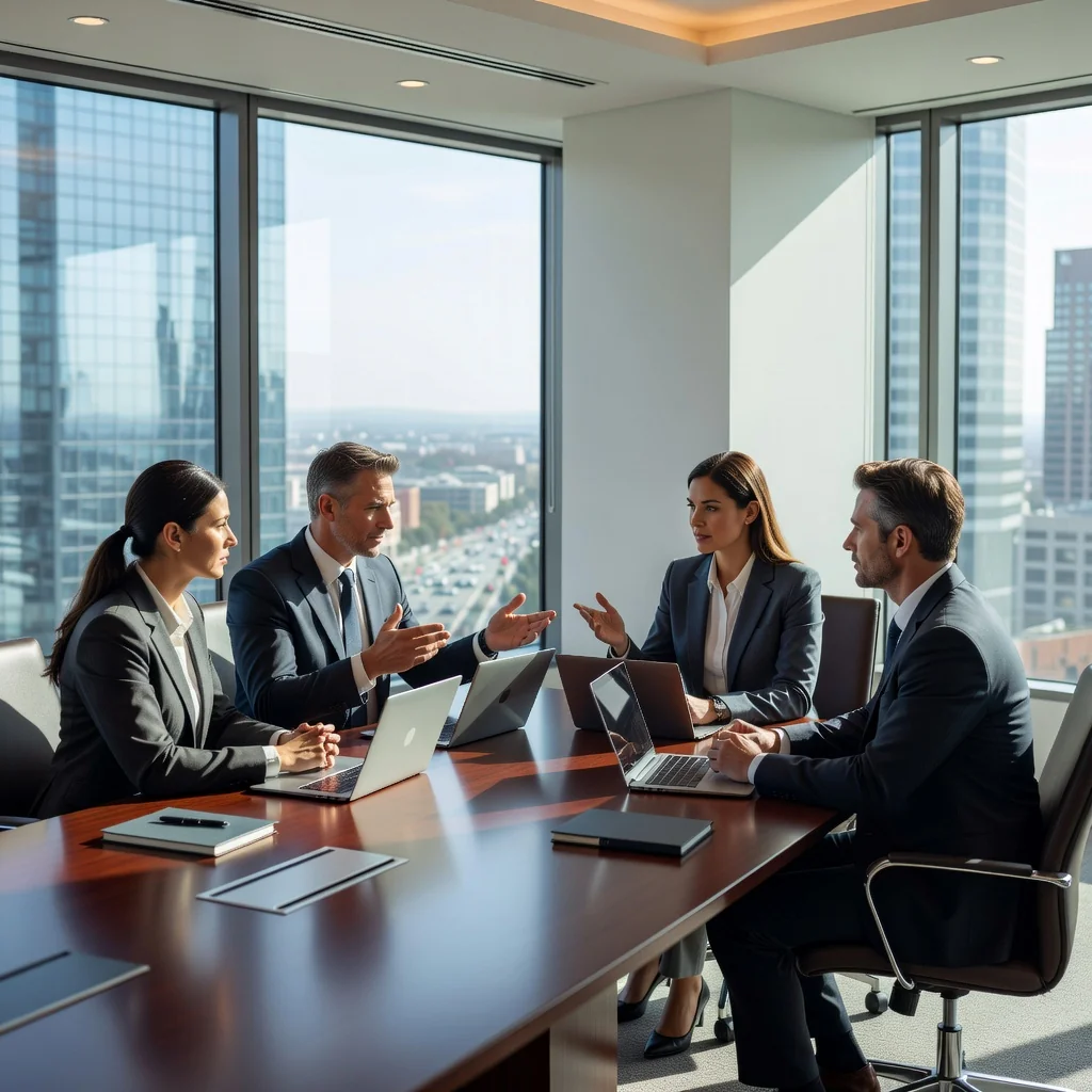 A photorealistic image of a professional business meeting in a modern corporate office, where a diverse group of adult executives are discussing company strategies around a conference table, symbolizing the process of amending company bylaws to adapt and grow the organization. No children are present in the image.