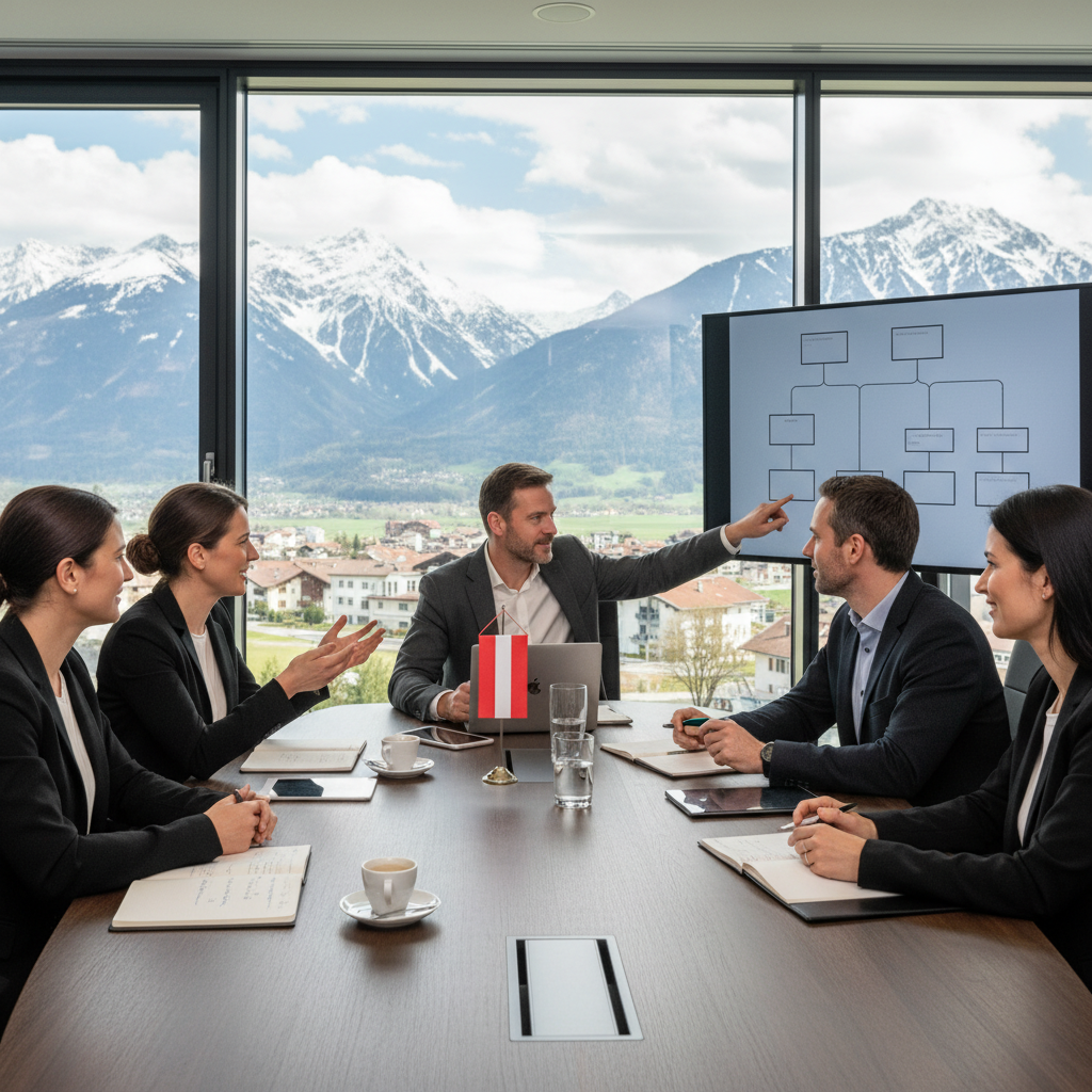 A photorealistic image of a professional business meeting in an Austrian office setting, where a group of adults is collaboratively discussing and planning organizational rules, symbolizing the creation of a statute or bylaws. The scene includes a conference table with notebooks and laptops, people in business attire, with Austrian flags or alpine views in the background to evoke Austria, no legal documents visible, no children present.