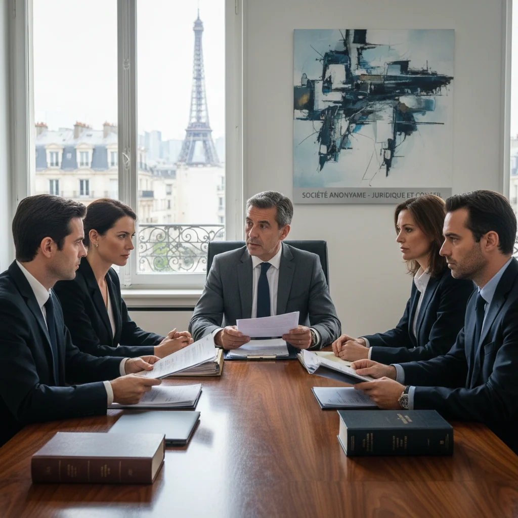 A photorealistic image of a professional business meeting in a modern French office, with adults in business attire discussing company matters around a conference table, symbolizing the importance of corporate statutes in French law, no children present, highly detailed and realistic.