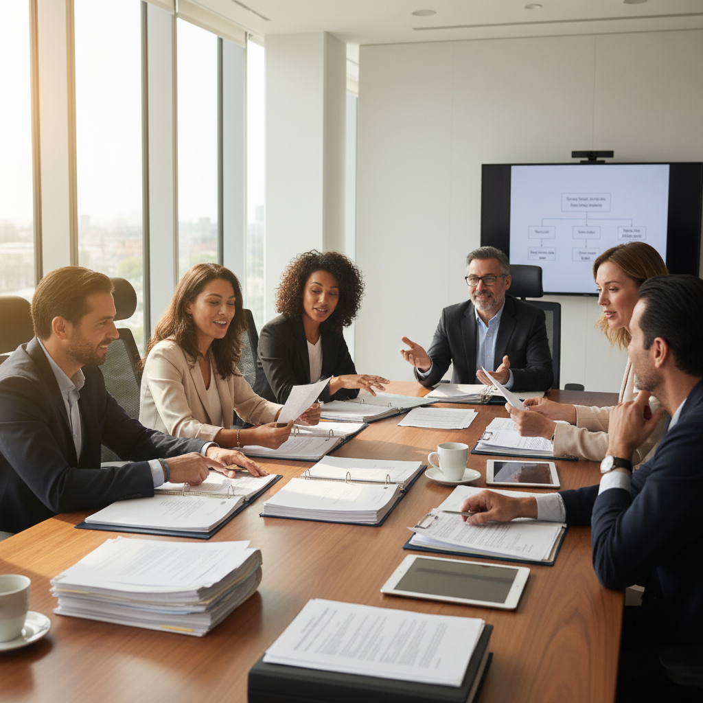 A photorealistic image representing the purpose of a Satzung, which is a set of rules or bylaws for an organization, such as a community association or club. The image shows a diverse group of adults in a meeting room, engaged in a serious discussion around a conference table, symbolizing governance and collective decision-making, with no children present.