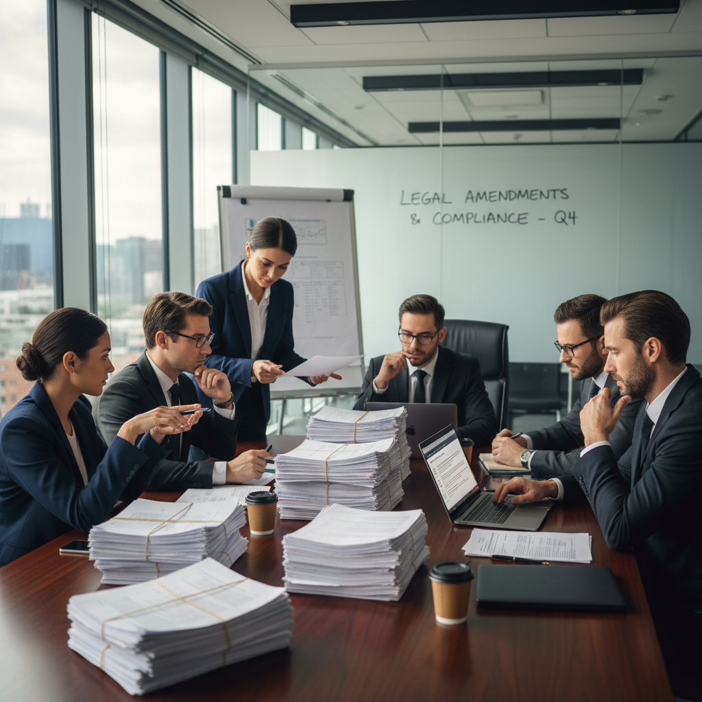 A photorealistic image of a professional business meeting in a modern office, where diverse adults are discussing and reviewing corporate documents on a table, symbolizing the importance of company statutes and legal updates in a corporate governance context.