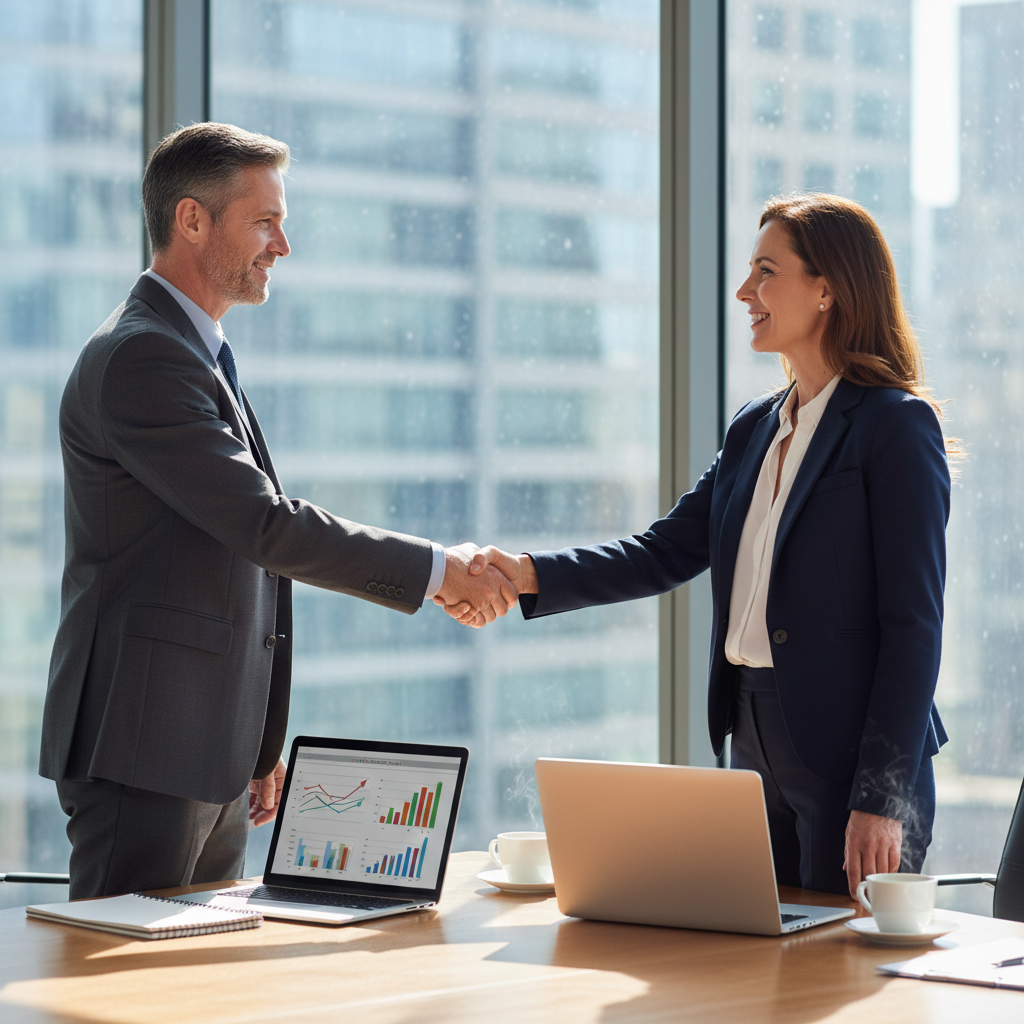 A photorealistic image of two adult professionals in a modern office setting, shaking hands over a conference table with laptops and notebooks, symbolizing the formation and agreement of a business partnership, conveying trust and collaboration.