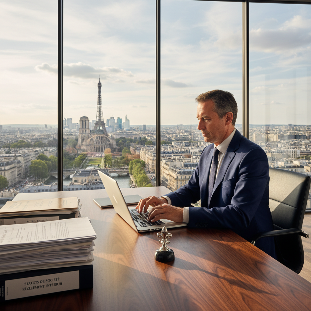 A photorealistic image of a professional businessperson in a modern French office setting, confidently reviewing company formation documents on a laptop, symbolizing the creation and compliance of French company statutes. The scene conveys success, organization, and legal adherence in a corporate environment, with subtle French elements like a flag or Eiffel Tower view in the background. No children are present in the image.