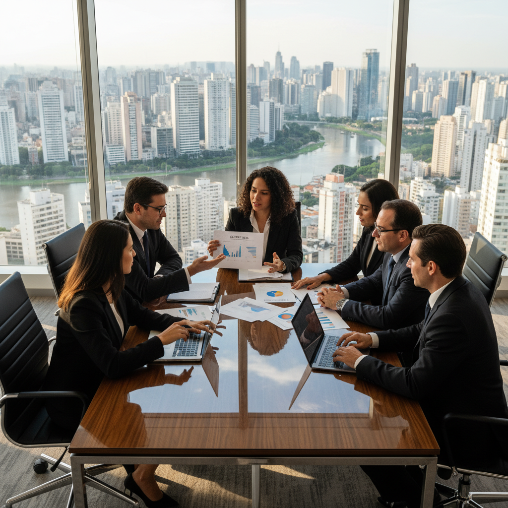 A photorealistic image of a professional business meeting in a modern Brazilian office, with diverse adult executives discussing company strategies around a conference table, symbolizing the foundational structure and importance of corporate governance in Brazilian enterprises. No children are present. The scene conveys teamwork, organization, and legal compliance without showing any documents.