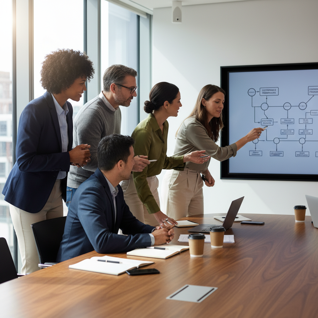 A photorealistic image of a diverse group of adults in a professional meeting room, collaboratively discussing and planning the creation of organizational bylaws or statutes. They are seated around a modern conference table with laptops and notebooks, gesturing animatedly, conveying a sense of teamwork and structure-building for a club or association. No children are present. The atmosphere is professional and focused, with natural lighting from large windows.
