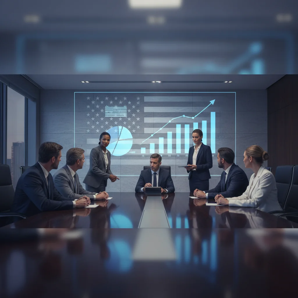 A professional corporate boardroom scene with diverse business executives in suits engaged in a strategic meeting around a modern conference table, symbolizing governance and organizational structure in a US company, with subtle American flag elements in the background, evoking the purpose of corporate bylaws in guiding business operations.