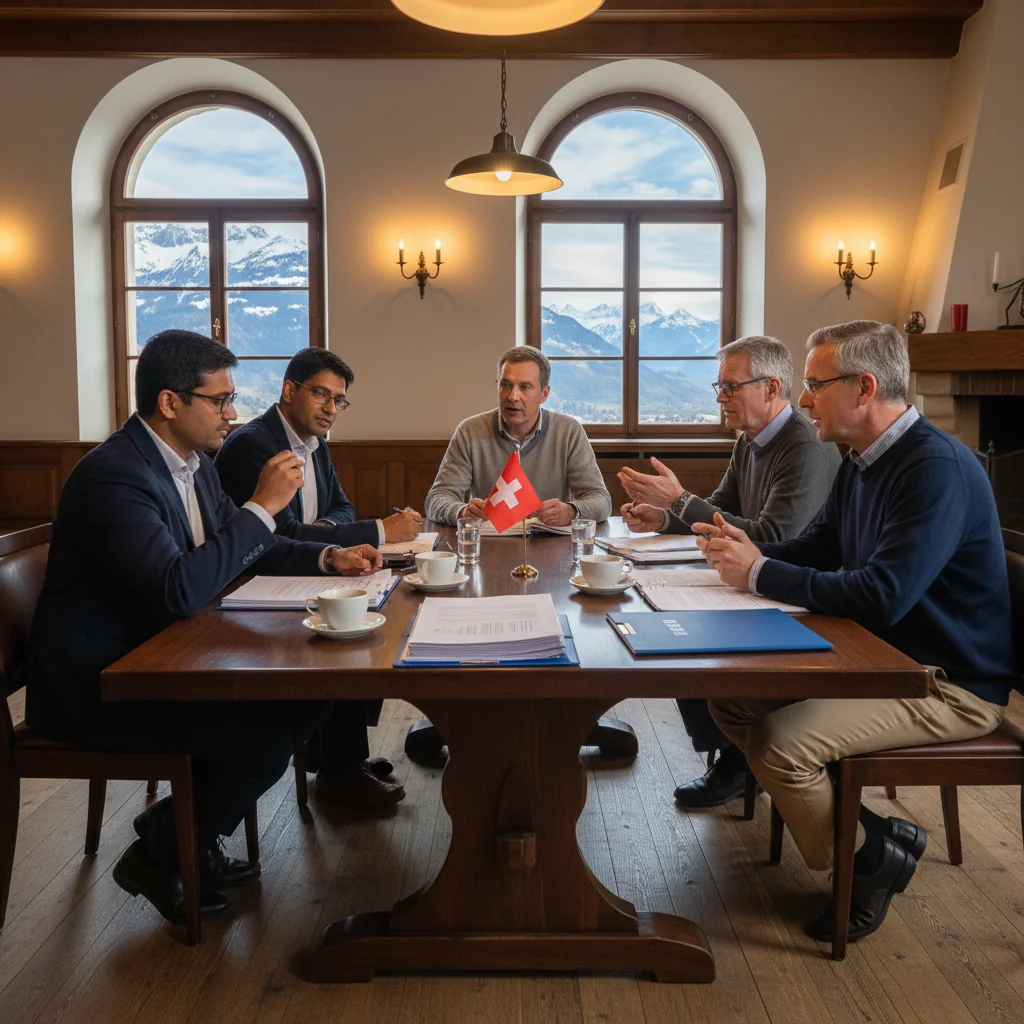 A photorealistic image of a group of adults gathered around a wooden table in a cozy community room, engaged in a serious discussion about founding a Swiss association. They are reviewing notes and sharing ideas, with Swiss flags and alpine scenery visible through the window in the background, symbolizing community and organization in Switzerland. No children are present in the image.