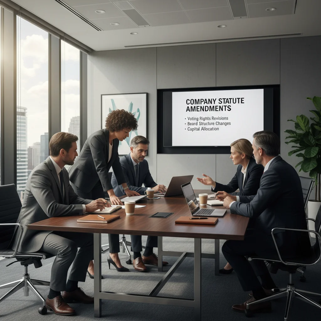 A photorealistic image depicting a professional business meeting in a modern office, where a diverse group of adult executives is discussing company modifications around a conference table, symbolizing the process of updating corporate statutes, with no children present.