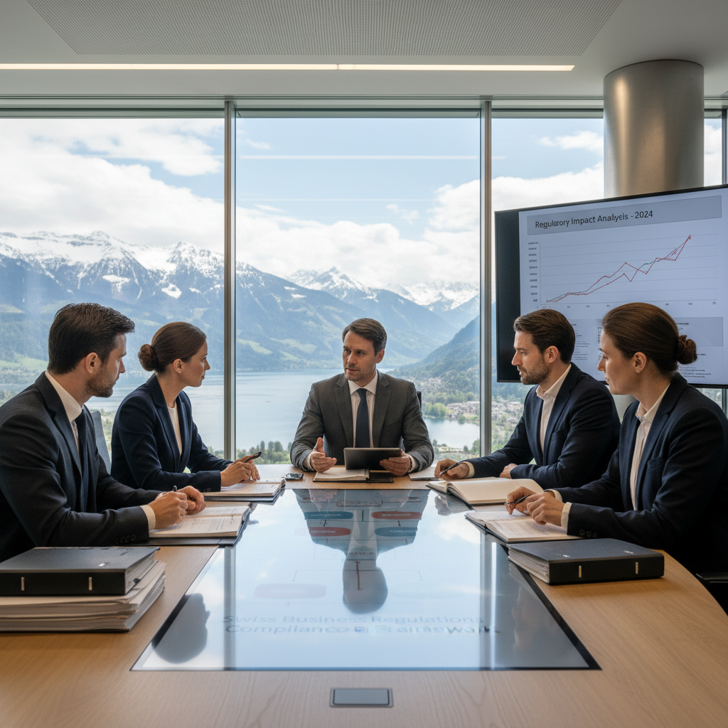 A photorealistic image of a professional business meeting in a modern Swiss office, with adults discussing documents around a conference table, symbolizing the importance of legal statutes and compliance in Switzerland, evoking trust and formality without showing any legal papers directly.